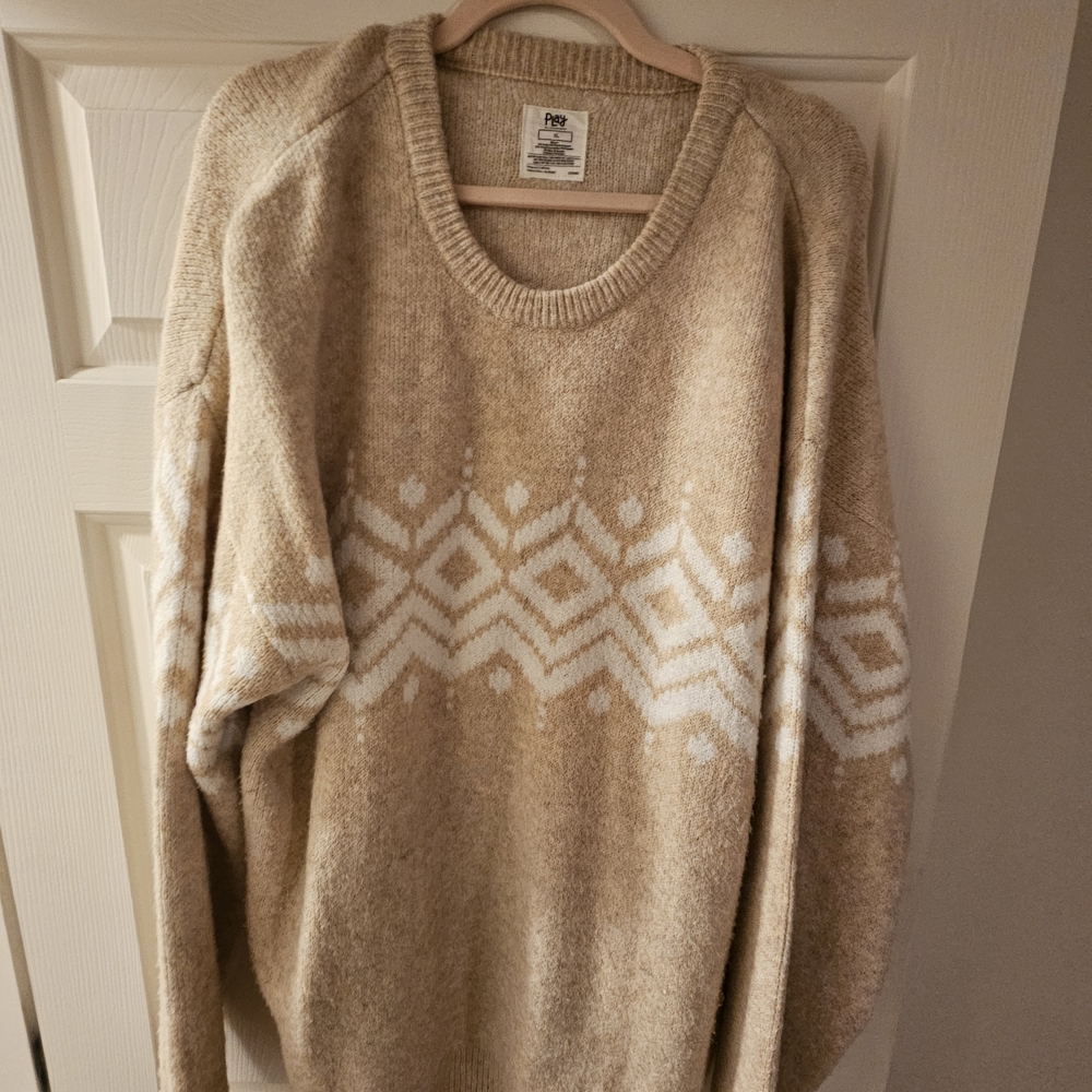 Little Sleepies Beige Crewneck Sweater with White Geometric Design